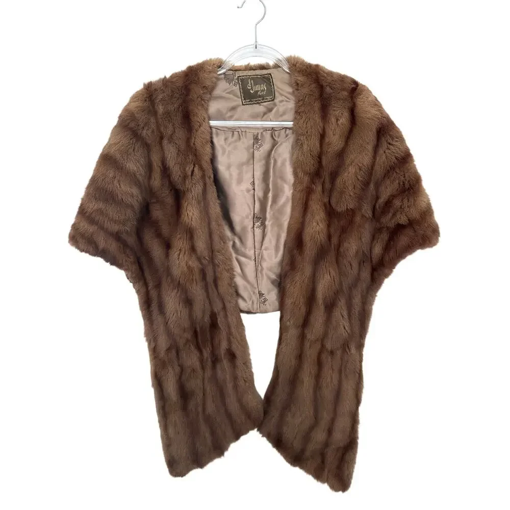 1950s D’Jimas Mink Fur Stole Muff Brown Real Fur Art Deco Evening Wrap